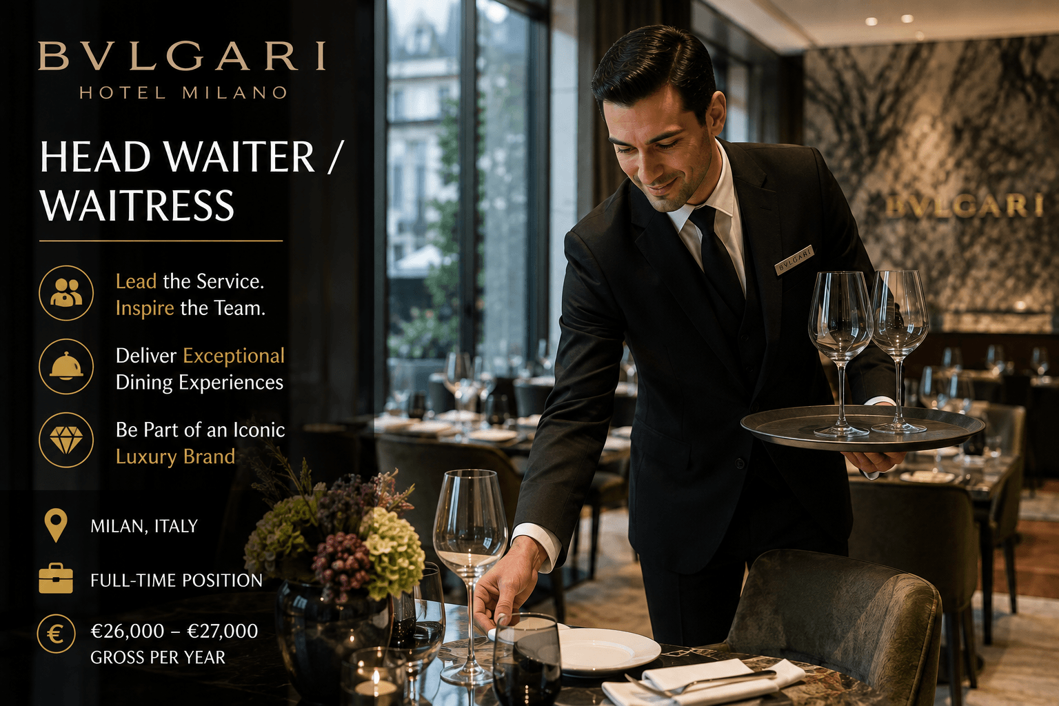 Full-Time Head Waiter Waitress Jobs in Italy – Bvlgari Hotel Milano Apply Now
