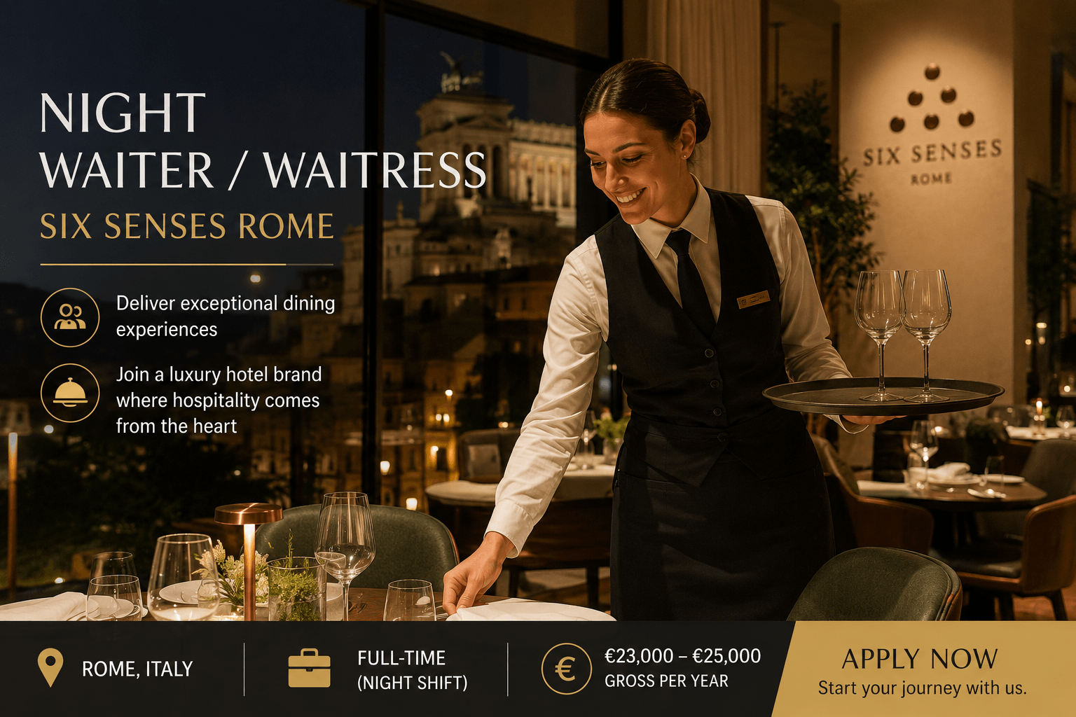 Full-Time Night Waiter Waitress Jobs in Italy – Six Senses Rome Apply Now